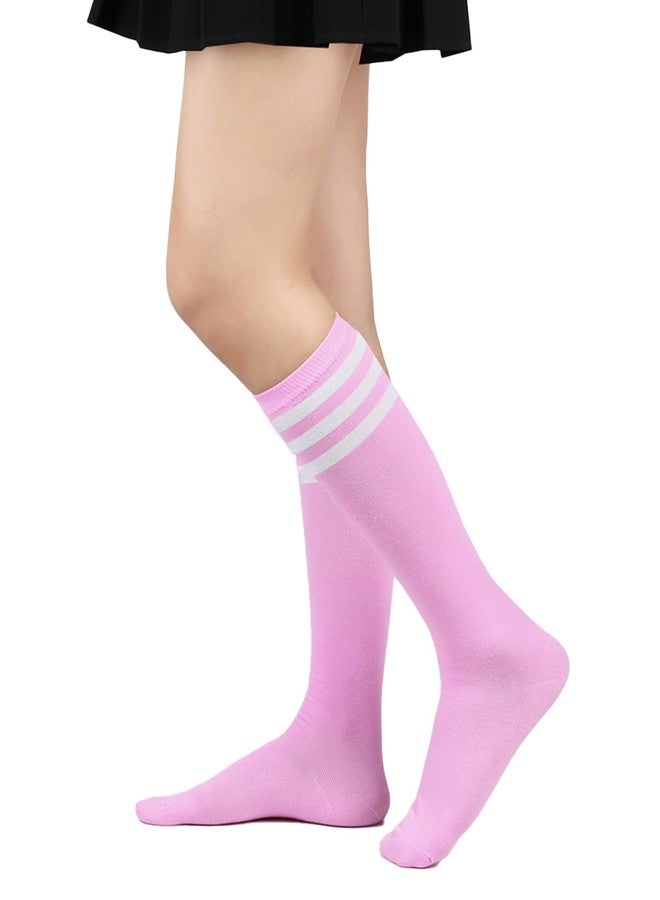 Prupoky Womens Knee High Socks Long Sock for Women Athletic Sports Thigh High Stockings Casual Striped Tube Socks for Women 3 Pack White Pink Black - Image 5
